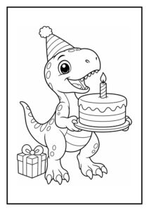 Kleurplaat van een Deinonychus met een verjaardagstaart, cadeau en feestmuts in een feestelijke sfeer