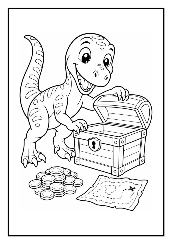 Leuke kleurplaat van een schattige onbekende dinosaurus die een schatkist opent met munten en een schatkaart.