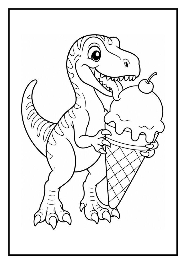 Leuke kleurplaat van een vrolijke T-Rex dinosaurus die een groot ijsje vasthoudt.