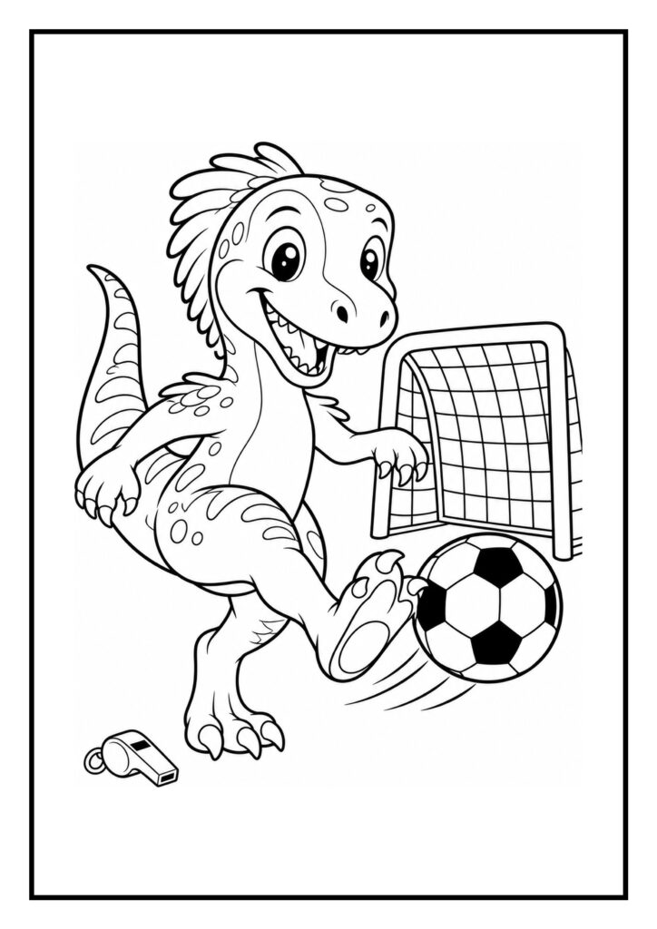Kleurplaat van een schattige onbekende dinosaurus die een voetbal naar een doel schopt