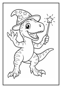 Leuke kleurplaat van een schattige dinosaurus met tovenaarshoed en een magische staf in vrolijke stijl