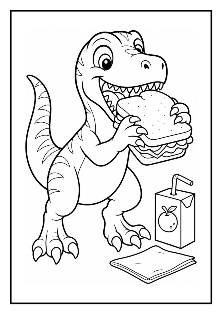 Leuke vrolijke dinosaurus die een grote sandwich eet met pakje fruitsap en servet