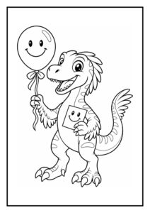 Kleurplaat van een vrolijke Deinonychus dinosaurus die een ballon en een kaart met lachend gezicht vasthoudt.