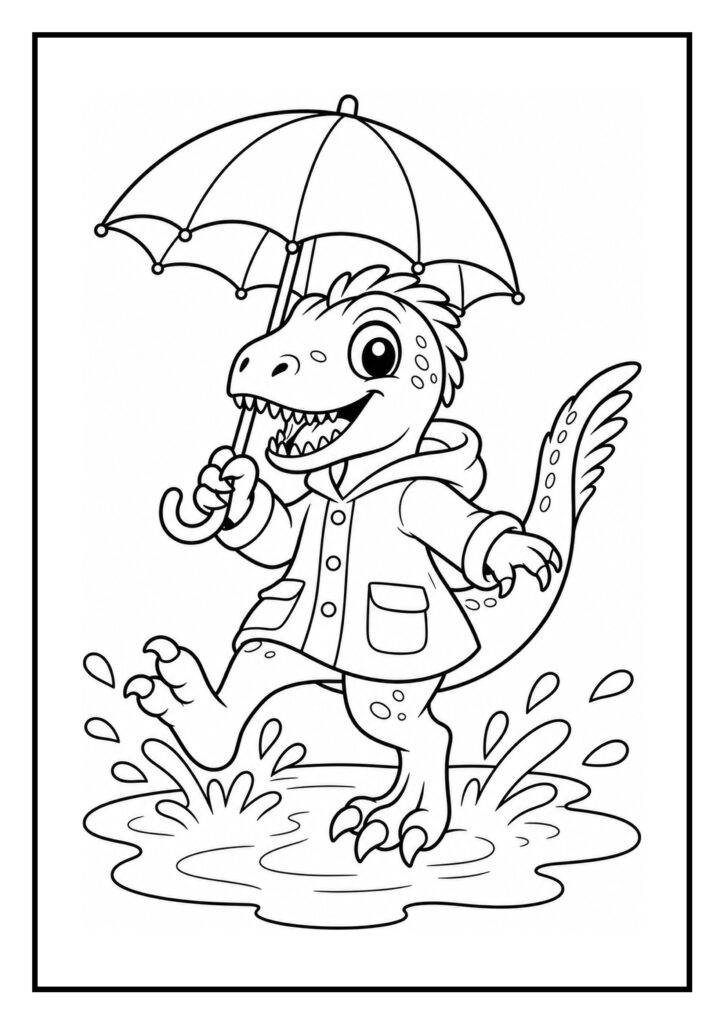 Leuke kleurplaat van een vrolijke dinosaurus met een regenjas die met een paraplu in een plas water springt.