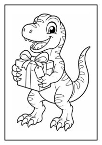 Schattige kleurplaat van een vriendelijke T-Rex dinosaurus die een cadeau vasthoudt