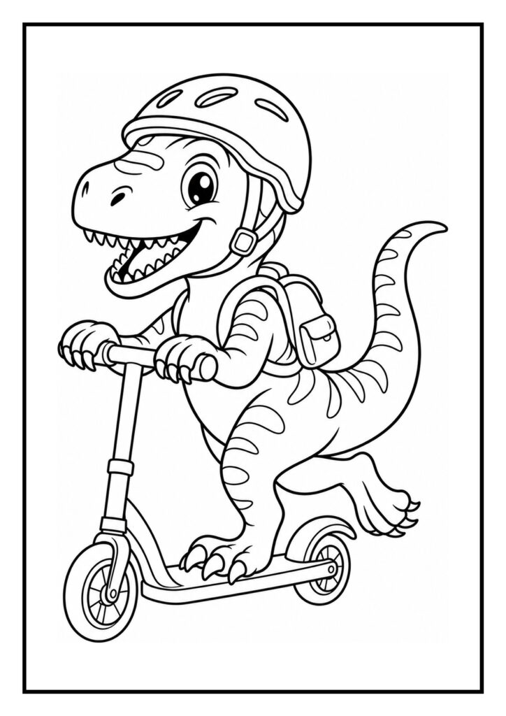 Vrolijke Deinonychus dinosaurus met helm die op een step rijdt, schattige en makkelijke kleurplaat voor peuters.