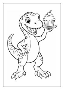 Vrolijke kleurplaat van een Deinonychus dinosaurus die een bord vasthoudt met een cupcake
