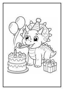 Leuke kleurplaat van een vrolijke triceratops met een feesthoedje naast een verjaardagstaart met kaars, ballonnen en cadeau