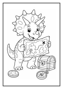 Leuke kleurplaat van een schattige Triceratops die een schatkaart vasthoudt naast een schatkist, kompas en een munt
