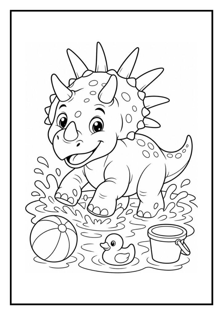 Vrolijke triceratops die speelt in water met een bal, een badeendje en een emmer kleurplaat