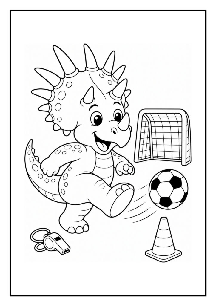 Leuke kleurplaat van een vrolijke Triceratops die met een voetbal speelt bij een doel en een stoplicht