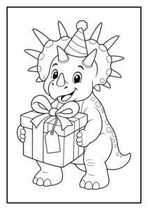 Schattige Triceratops kleurplaat met dinosaurus die een groot cadeau draagt en een feesthoedje op heeft
