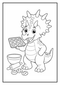 Vrolijke Triceratops die koekjes bakt met een bakplaat, mengkom en deegroller kleurplaat