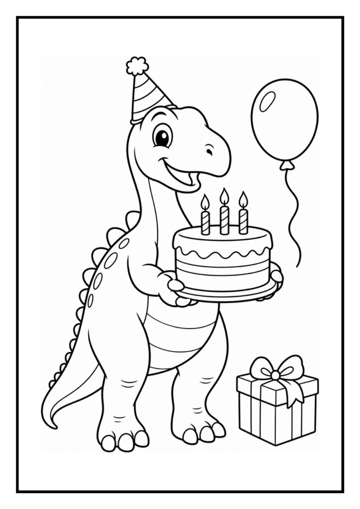 Kleurplaat van een schattige iguanodon dinosaurus met een verjaardagstaart en een cadeau in zijn poten, geschikt voor peuters.