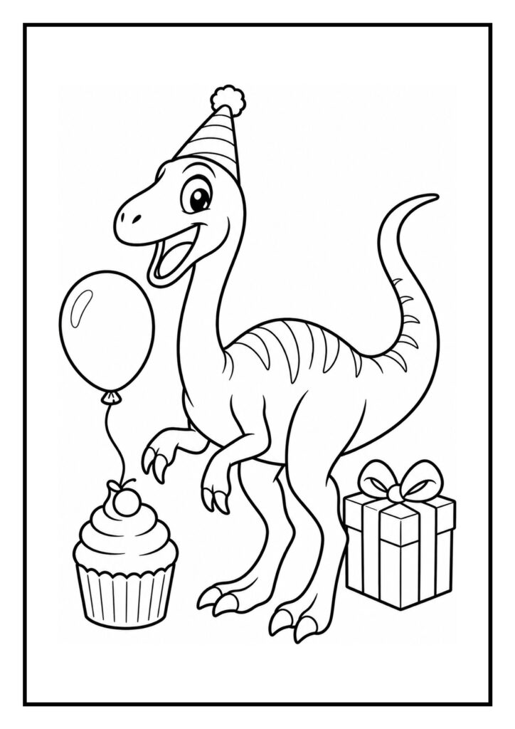 Vrolijke dinosaurus met feestmuts, cupcake, ballon en cadeau op een feestelijke kleurplaat.