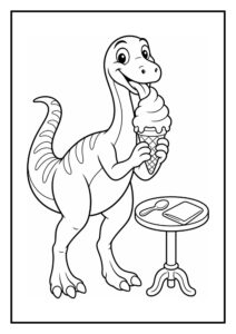 Kleurplaat van een vrolijke Gallimimus dinosaurus die een ijsje eet naast een tafeltje met een lepel en servet