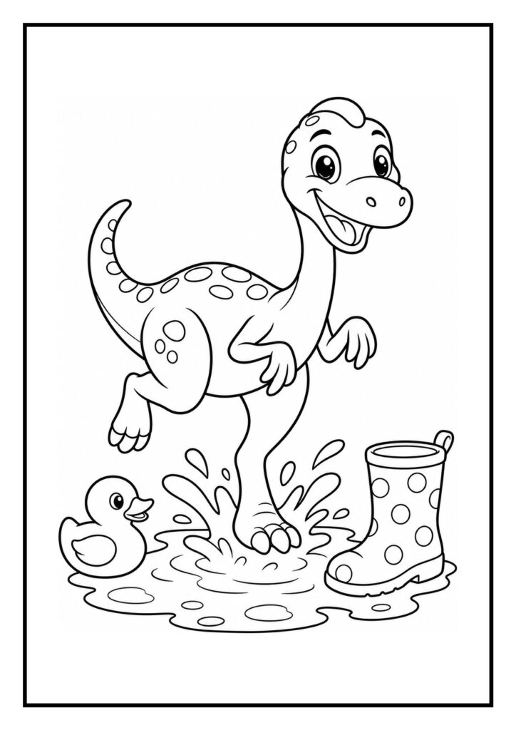 Leuke kleurplaat van een Gallimimus dinosaurus die vrolijk in een plas water springt met een badeendje en regenlaars.