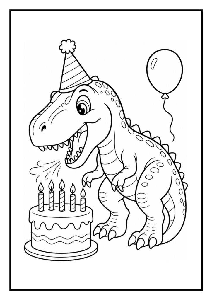 Kleurplaat van een vrolijke T-Rex met feesthoedje die kaarsjes blaast op een verjaardagstaart