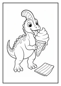 Leuke kleurplaat van een vrolijke Parasaurolophus die een ijsje likt.