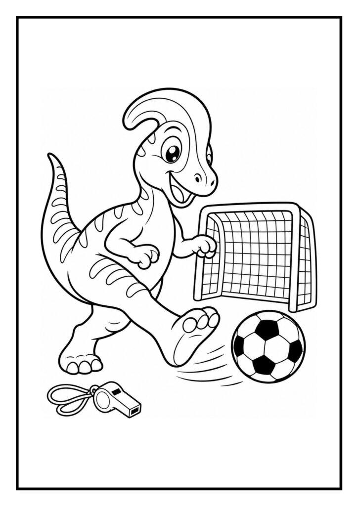 Vrolijke parasaurolophus die een voetbal trapt bij het doel met een fluitje op de grond