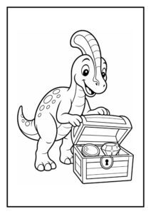 Vrolijke kleurplaat van een parasaurolophus die een open schatkist met juwelen bekijkt