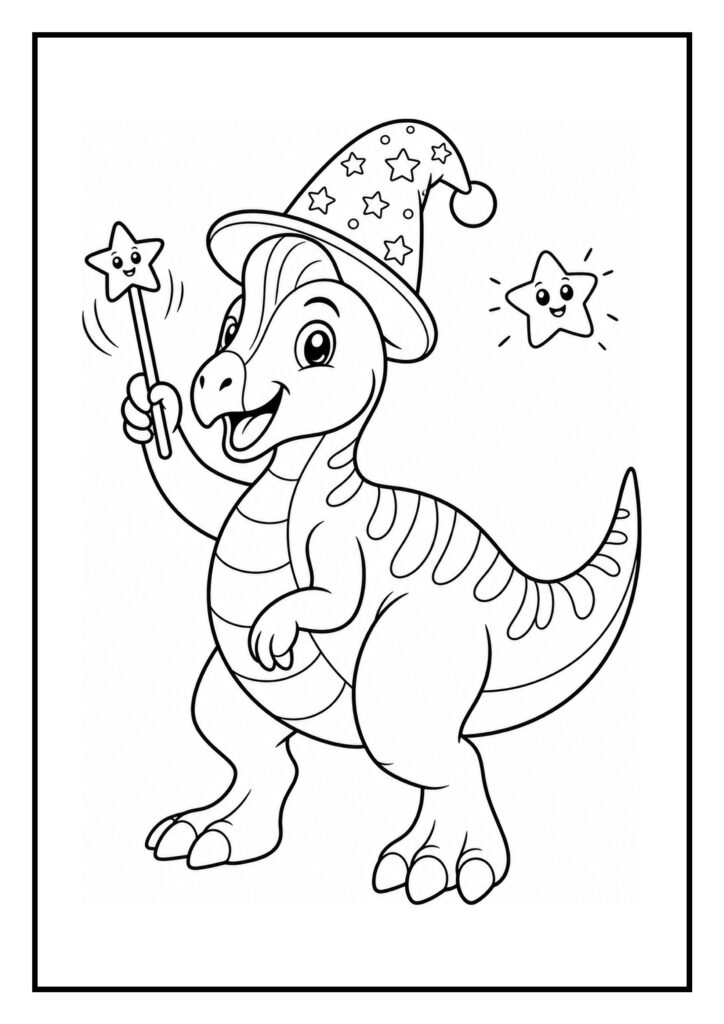 Leuke kleurplaat van een schattige Corythosaurus met een toverhoed en magische sterretjes die een spreuk uitspreekt