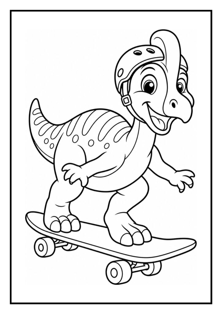 Leuke kleurplaat van een vrolijke Corythosaurus die op een skateboard staat en een helm draagt.
