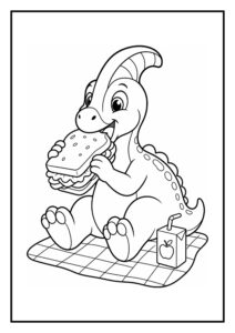 Vrolijke Corythosaurus kleurplaat van een dinosaurus die op een kleedje een sandwich eet met een appelpakje naast zich