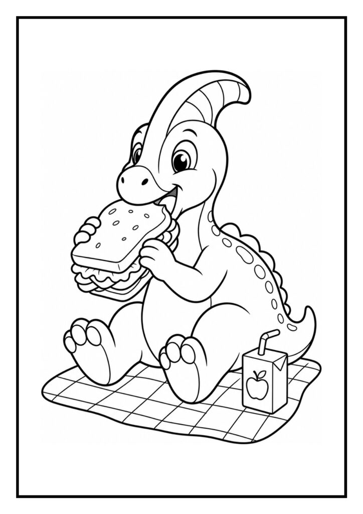 Vrolijke Corythosaurus kleurplaat van een dinosaurus die op een kleedje een sandwich eet met een appelpakje naast zich