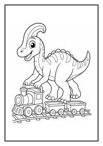 Leuke kleurplaat van een vrolijke Parasaurolophus die een speelgoedtrein vasthoudt