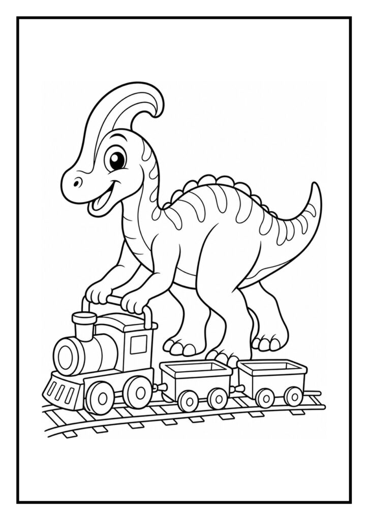 Leuke kleurplaat van een vrolijke Parasaurolophus die een speelgoedtrein vasthoudt
