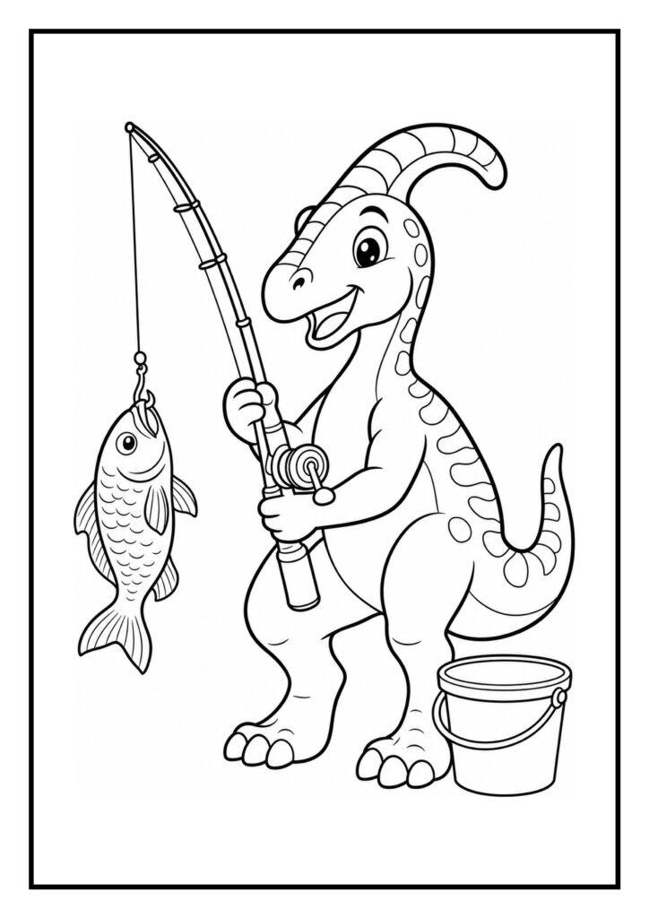Kleurplaat van een vrolijke Corythosaurus die vist met een hengel en een grote vis vasthoudt naast een emmer.