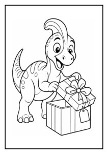 Vrolijke Parasaurus die een cadeau opent op een makkelijke en schattige kleurplaat voor peuters.