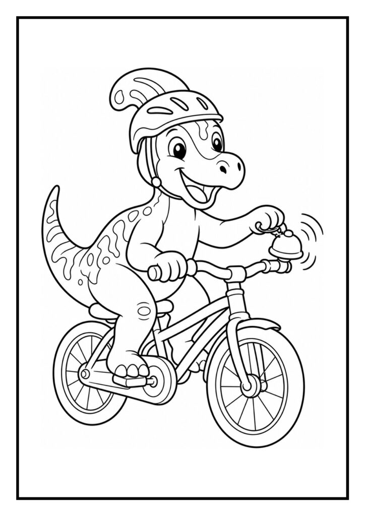 Kleurplaat van een vrolijke dinosaurus met helm die op een fiets rijdt en een bel laat rinkelen