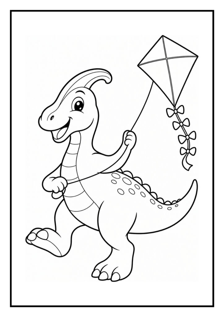 Kleurplaat van een vrolijke Parasaurolophus dinosaurus die een vlieger vangt in een prehistorisch thema