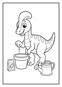 Kleurplaat van een vrolijke Corythosaurus die een zaadje in een bloempot zaait met een gieter naast zich