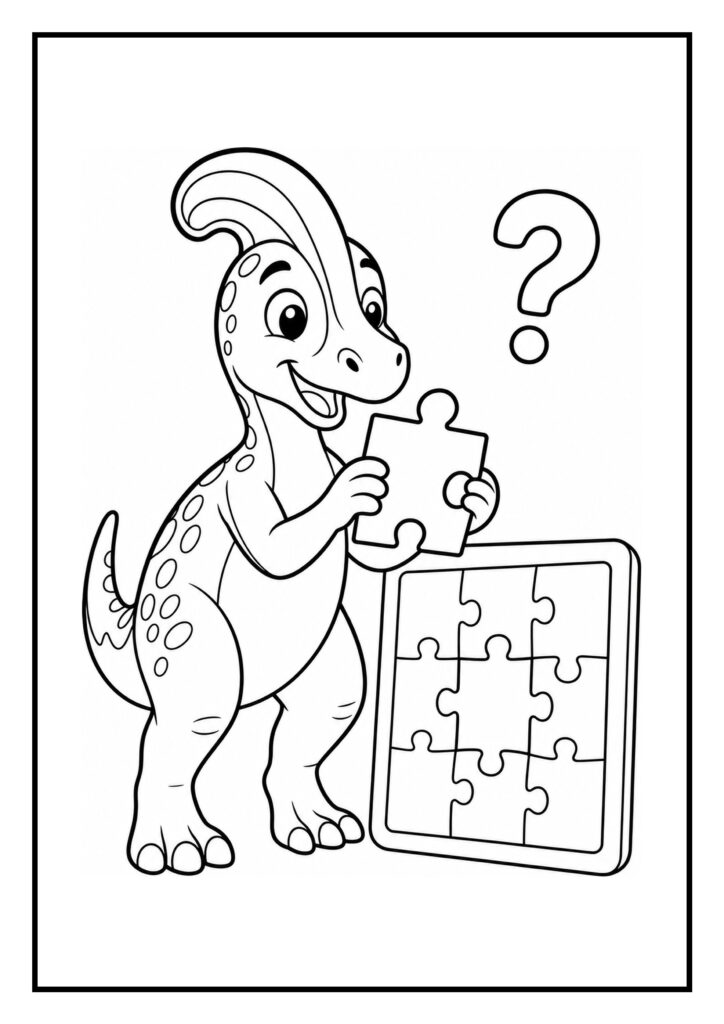 Vrolijke Corythosaurus dinosaurus die een groot puzzelstuk vasthoudt en nadenkt over de puzzel op een speelse kleurplaat