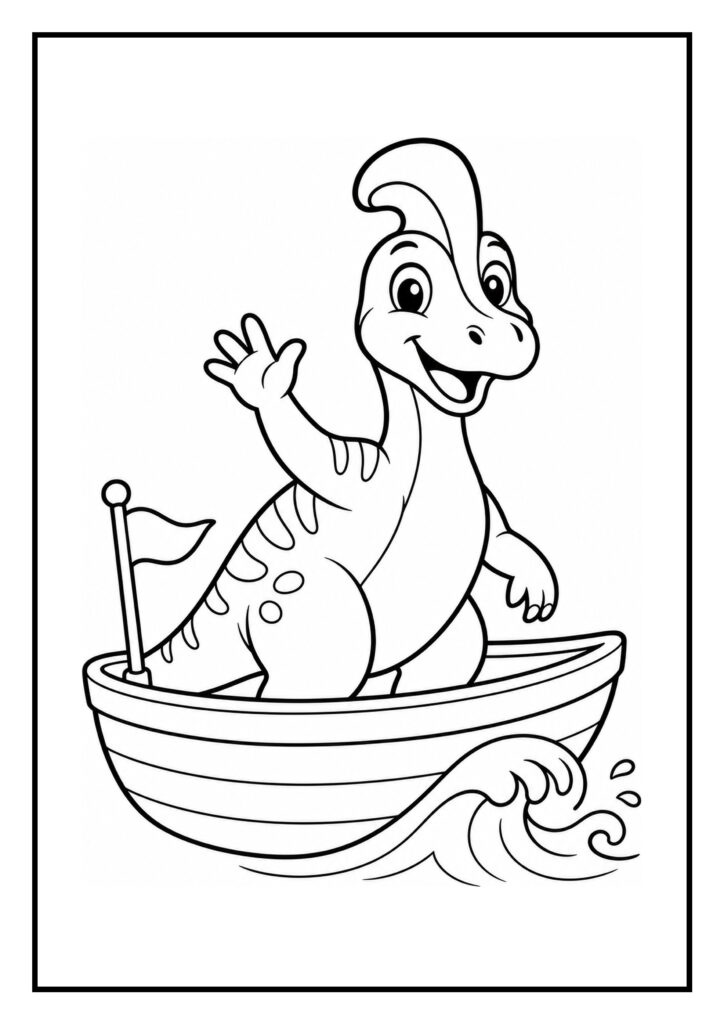 Leuke kleurplaat van een vrolijke Corythosaurus dinosaur die zwaait vanuit een boot op de zee.