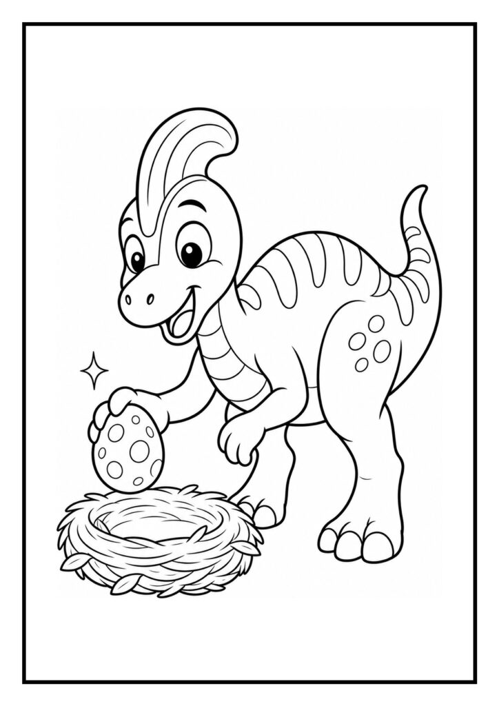 Vrolijke parasaurolophus die een toy dinosaurus ei in een nest vindt op een makkelijke kleurplaat voor peuters