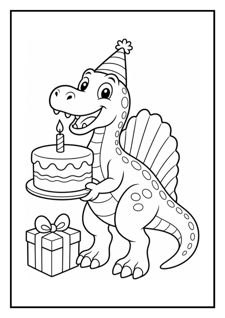 Kleurplaat van een vrolijke Spinosaurus met een feestmuts die een verjaardagstaart met kaarsje vasthoudt en een cadeautje ernaast.