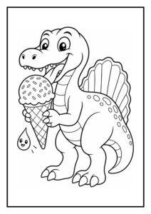 Kleurplaat van een vrolijke onbekende dinosaurus die een ijsje eet, geschikt voor jonge kinderen.