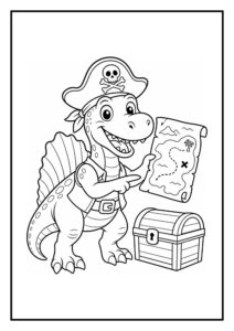 Leuke kleurplaat van een vrolijke dinosaurus verkleed als piraat met een schatkaart en een schatkist