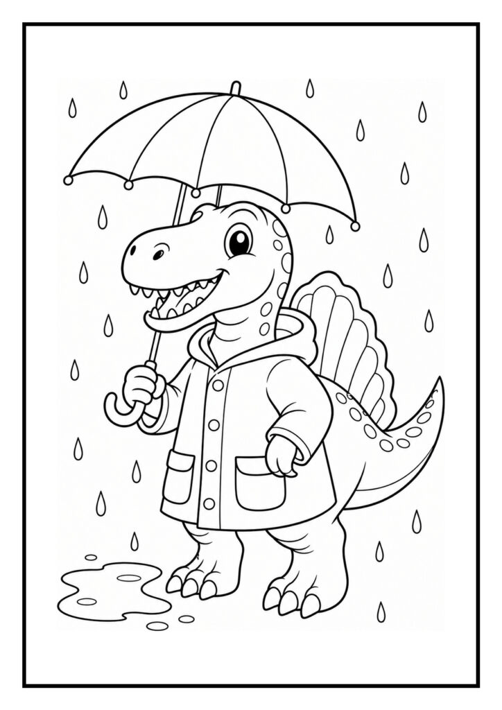 Leuke kleurplaat van een vrolijke spinosaurus die een paraplu vasthoudt in de regen.