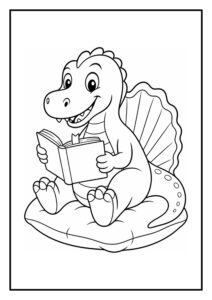 Een schattige dinosaurus zit op een kussen en leest een boek in een vrolijke kleurplaat.