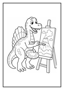 Leuke kleurplaat van een schattige Spinosaurus die een vulkaan schildert met een verfkwast in een vrolijke stijl.