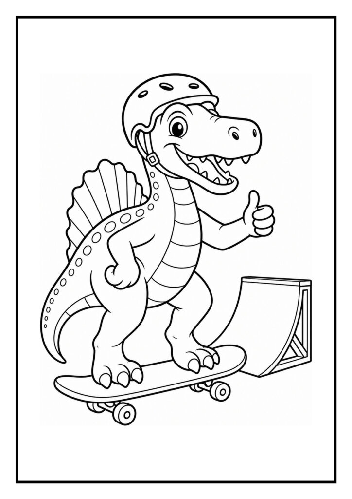 Leuke kleurplaat van een schattige Spinosaurus met helm die skateboardt bij een skatebaan