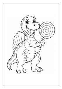 Leuke kleurplaat van een vrolijke dinosaurus die een grote lolly vasthoudt.