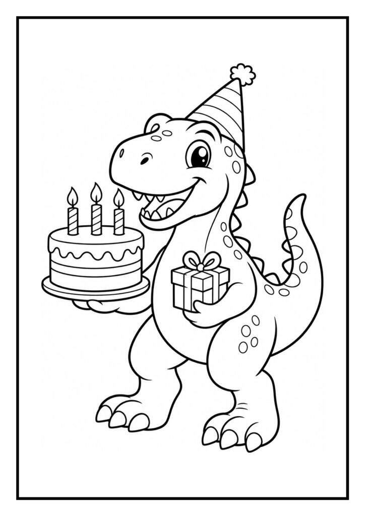 Vrolijke T-Rex dinosaurus met een verjaardagsmuts, taart en cadeau op een feestelijke kleurplaat
