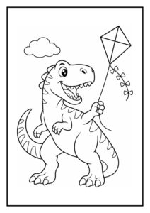 Leuke kleurplaat van een vrolijke T-Rex die een vlieger vasthoudt onder een wolkje