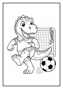 Kleurplaat van een vrolijke onbekende dinosaurus die een voetbal schopt voor een doel met een fluitje